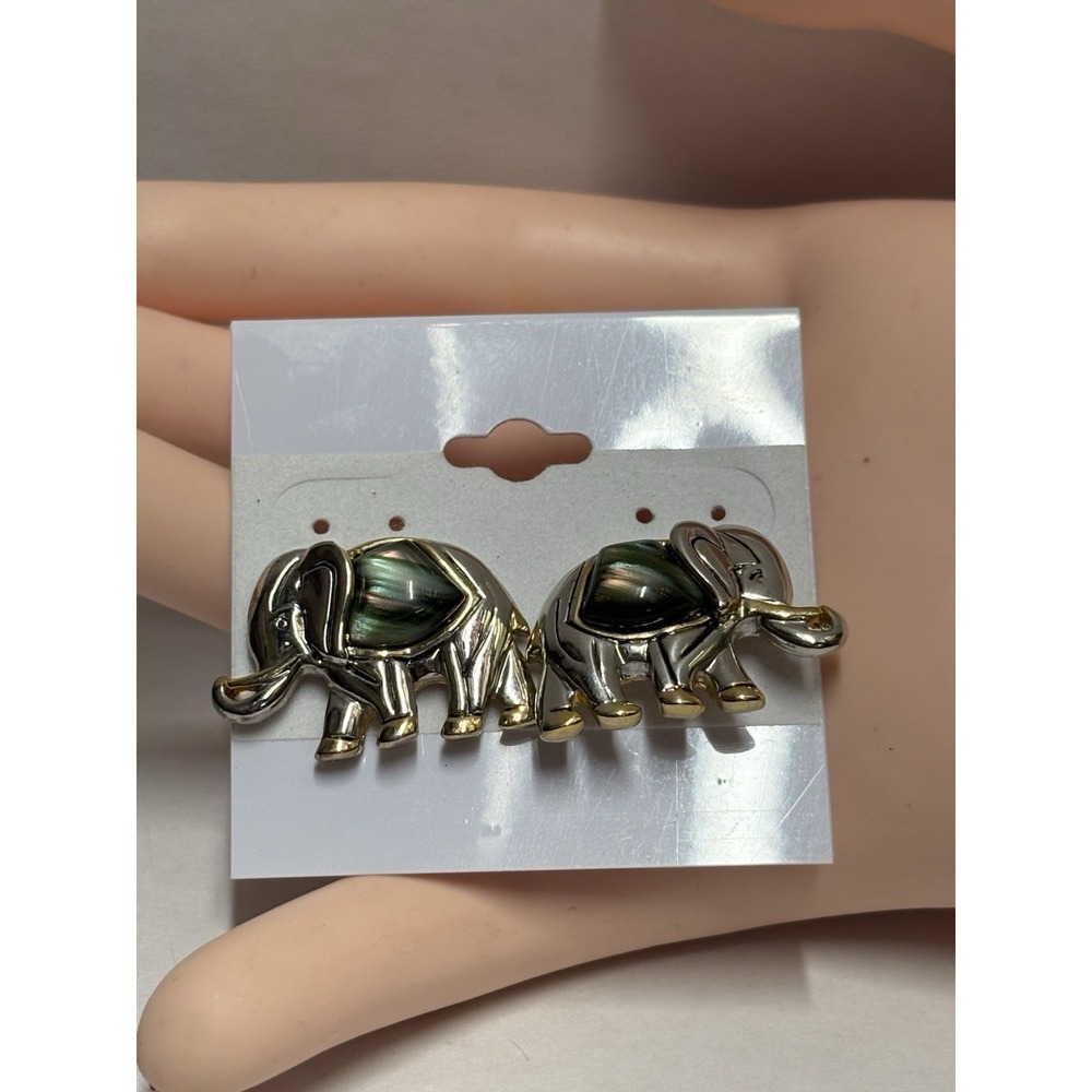 Elephant Earrings Silver Gold Tone Iridescent Inlay Pierced Fashion Jewelry